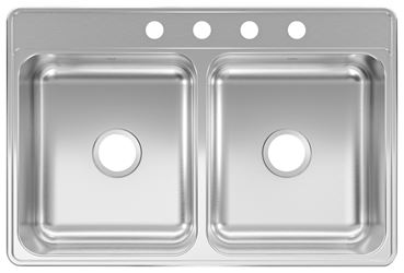 KINDRED CDLA3322-6-4N Two Bowl Kitchen Sink, 4-Faucet Hole, 33 in OAW, 22 in OAD, Stainless Steel, Top Mounting 