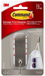 Command 17034BN-ES Medium Decorative Hook, 1 in W, Metal/Plastic, Brushed Nickel, 3 lb, Pack of 4 