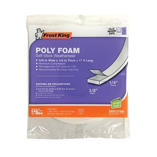 Frost King L34IH Foam Tape, 3/8 in W, 17 ft L, 1/4 in Thick, Polyfoam, White - VORG8052110