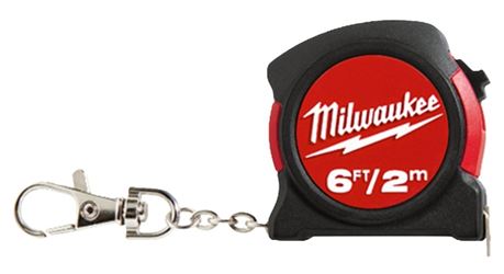 Milwaukee 48-22-5506 Keychain Tape Measure, 6 ft L Blade, 13 mm W Blade, Steel Blade, ABS Case, Black/Red Case 
