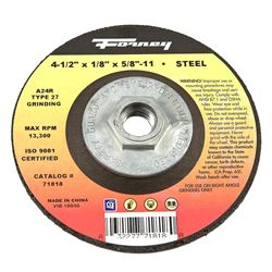 Forney 71818 Grinding Wheel, 4-1/2 in Dia, 1/8 in Thick, 5/8-11 in Arbor, Aluminum Oxide/Metal Abrasive 