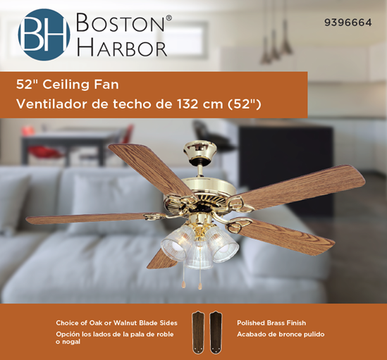 Boston Harbor Ceiling Fan Light Kit, 3-Speed, 5-Blade, 52 in Sweep - VORG9396664