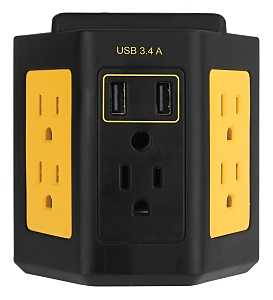 PowerZone ORPBWTU345 Outlet Adapter, 3.4 A, 2-USB Port, 5-Outlet, Black/Yellow 