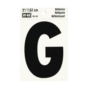 Hy-Ko RV-50/G Reflective Letter, Character: G, 3 in H Character, Black Character, Silver Background, Vinyl, Pack of 10