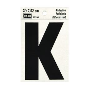 Hy-Ko RV-50/K Reflective Letter, Character: K, 3 in H Character, Black Character, Silver Background, Vinyl, Pack of 10