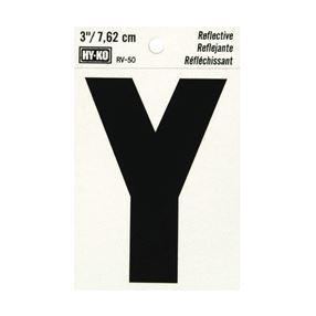 HY-KO RV-50/Y Reflective Letter, Character: Y, 3 in H Character, Black Character, Silver Background, Vinyl 10 Pack