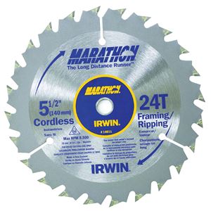 Irwin Marathon 14011 Circular Saw Blade, 5-1/2 in Dia, 0.39 in Arbor, 24-Teeth, Carbide Cutting Edge