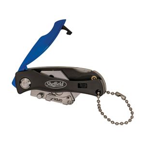 Sheffield 12125 Utility Knife, 1-1/2 in L Blade, Stainless Steel Blade, Curved Handle, Black/Blue Handle