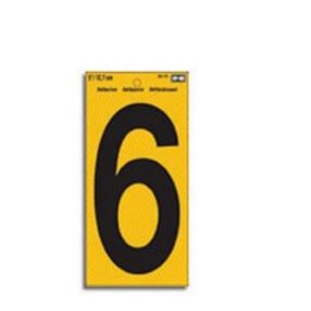 Hy-Ko RV-75/6 Reflective Sign, Character: 6, 5 in H Character, Black Character, Yellow Background, Vinyl, Pack of 10