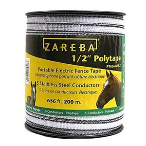 Zareba PT656WH-Z Polytape, 656 ft L, 1/2 in W, 5-Strand, Stainless Steel Conductor, White