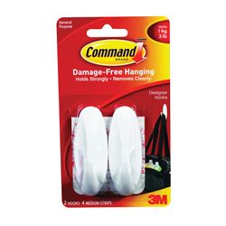 Command 17081 Designer Hook, 5/8 in Opening, 3 lb, 2-Hook, Plastic, White 6 Pack 
