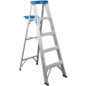 WERNER 365 Step Ladder, 5 ft , 4-Step, 250 lb, Type I Duty Rating, 3 in D Step, Aluminum, Blue