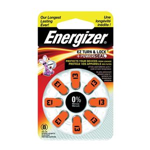 Energizer 13 AZ13DP-8 Hearing Aid Battery, 1.4 V Battery, 242 mAh, Zinc-Air