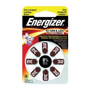 Energizer 312 AZ312DP-8 Hearing Aid Battery, 1.4 V Battery, 155 mAh, Zinc-Air
