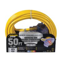 PowerZone Contractor Cord, 12 AWG Cable, 50 ft L, 15 A, 125 V, Yellow 