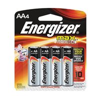 Energizer E91 E91BP-4 Battery, 1.5 V Battery, 2850 mAh, AA Battery, Alkaline, Manganese Dioxide, Zinc, Silver 