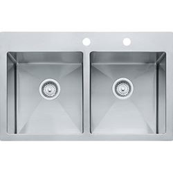 FRANKE Vector Series HF3322-2 Kitchen Sink, 22 in OAW, 9 in OAH, 33 in OAD, Stainless Steel, Polished Satin 