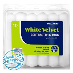 RollerLite White Velvet 6WV025-12 Mini Roller Cover, 1/4 in Thick Nap, 6 in L, Woven Fabric Cover, White 