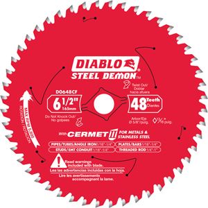 Diablo D0648CFA Saw Blade, 6-1/2 in Dia, 5/8 in Arbor, 48-Teeth, Cermet Cutting Edge