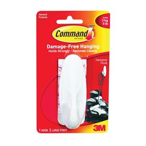 Command 17083 Designer Hook, 3/4 in Opening, 5 lb, 1-Hook, Plastic, White 4 Pack