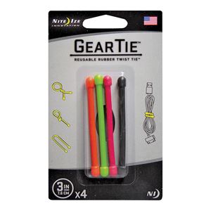 Gear Tie GT3-4PK-A1 Twist Tie, Rubber, Assorted
