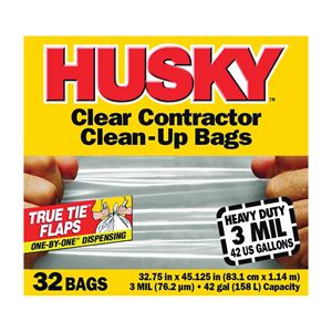 Husky HC42WC032C Clean-Up Trash Bag, 42 gal Capacity, Polyethylene, Clear