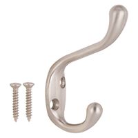ProSource H6271007SN-PS Coat and Hat Hook, 22 lb, 2-Hook, 1-1/64 in Opening, Zinc, Satin Nickel 