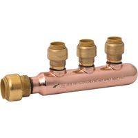 SharkBite 25553LF Closed Multi-Port Manifold Tee, 6.97 in OAL, 3/4 in Inlet, 3-Outlet, 1/2 in Outlet, DZR Brass 