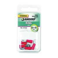 Jandorf 60972 Ring Terminal, 22 to 18 AWG Wire, #6 Stud, Vinyl Insulation, Copper Contact, Red 