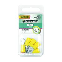 Jandorf 60995 Ring Terminal, 12 to 10 AWG Wire, #10 Stud, Vinyl Insulation, Copper Contact, Yellow 