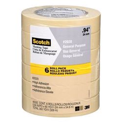 Scotch 2020-24ECP Masking Tape, 60 yd L, 0.94 in W, Crepe Paper Backing, Tan 