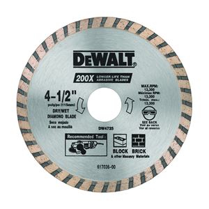 DeWALT DW4725 Circular Blade, 4-1/2 in Dia, 7/8 in Arbor, Diamond Cutting Edge