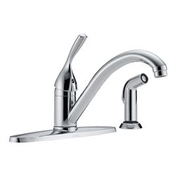DELTA 400-DST Kitchen Faucet with Side Sprayer, 1.8 gpm, 1-Faucet Handle, Brass, Chrome Plated, Deck Mounting 