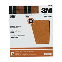 3M 88619 Sandpaper Sheet, 11 in L, 9 in W, Fine, 120 Grit, Garnet Abrasive, Paper Backing 