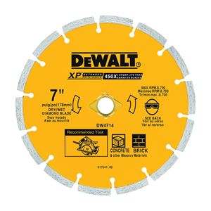 DeWALT DW4714T Circular Saw Blade, 7 in Dia, 5/8 in Arbor, Diamond Cutting Edge, Applicable Materials: Masonry