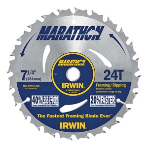Irwin Marathon 24030 Circular Saw Blade, 7-1/4 in Dia, 5/8 in Arbor, 24-Teeth, Carbide Cutting Edge, Pack of 10