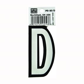 Hy-Ko PS-20/D Reflective Letter, Character: D, 3-1/4 in H Character, Black/White Character, Vinyl, Pack of 10