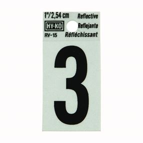 HY-KO RV-15/3 Reflective Sign, Character: 3, 1 in H Character, Black Character, Silver Background, Vinyl 10 Pack