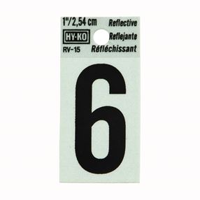Hy-Ko RV-15/6 Reflective Sign, Character: 6, 1 in H Character, Black Character, Silver Background, Vinyl, Pack of 10