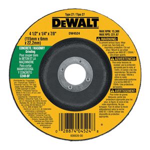 DeWALT DW4524 Grinding Wheel, 4-1/2 in Dia, 1/4 in Thick, 7/8 in Arbor, 24 Grit, Very Coarse