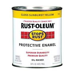 Rust-Oleum Stops Rust 7747502 Enamel Paint, Oil, Gloss, Sunburst Yellow, 1 qt, Can, 50 to 90 sq-ft/qt Coverage Area 