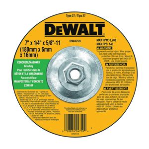 DeWALT DW4759 Grinding Wheel, 7 in Dia, 1/4 in Thick, 5/8-11 in Arbor, 24 Grit, Very Coarse