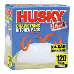 Husky HK13DS120C-P Kitchen Trash Bags, 13 gal Capacity, Redwood, Clear 
