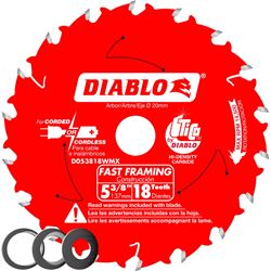 Diablo D053818WMX Saw Blade, 5-3/8 in Dia, 20 mm Arbor, 18-Teeth, Applicable Materials: Wood 