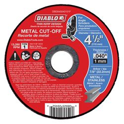 Diablo DBD045040101F Cut-Off Wheel, 4-1/2 in Dia, 0.04 in Thick, 7/8 in Arbor, Aluminum Oxide Abrasive 