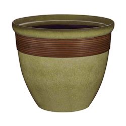 Landscapers Select PT-S015 Tall Wave Planter, 15 in Dia, Round, Resin, Olive Green/Wood, Olive Green with Wood Accent 6 Pack 
