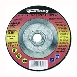 Forney 71819 Grinding Wheel, 4-1/2 in Dia, 1/4 in Thick, 5/8-11 in Arbor, 24 Grit, Coarse, Aluminum Oxide Abrasive 