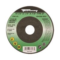 Forney 71897 Grinding Wheel, 4-1/2 in Dia, 1/4 in Thick, 7/8 in Arbor, 24 Grit, Coarse, Silicone Carbide Abrasive 