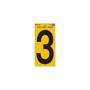 Hy-Ko RV-75/3 Reflective Sign, Character: 3, 5 in H Character, Black Character, Yellow Background, Vinyl, Pack of 10