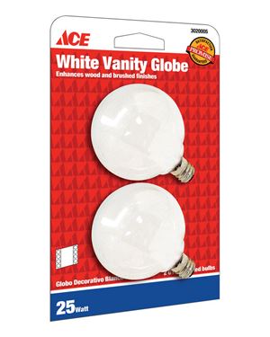 Ace  Incandescent Light Bulb  25 watts 210 lumens Globe  G16-1/2  Candelabra Base (E12)  2 pk